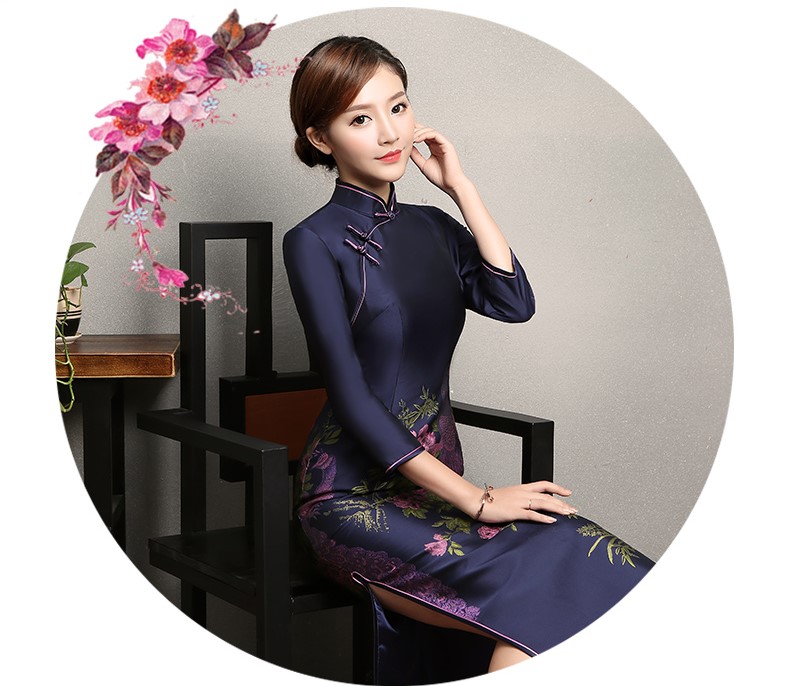 寶藍色孔雀提花旗袍，復古中式旗袍裙
