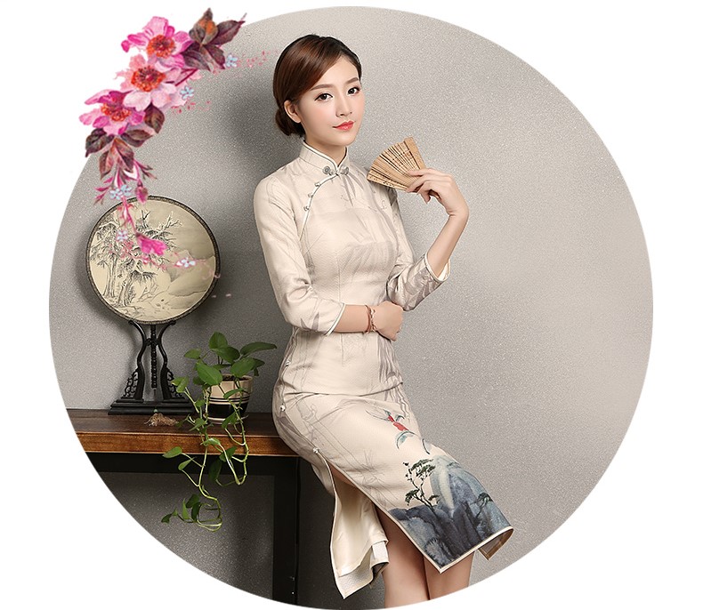 水墨山水印花染旗袍，復古中國風旗袍裙