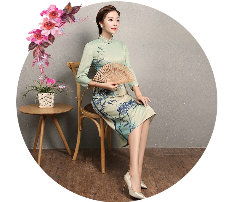 淡綠羞竹印花旗袍，時尚中國風(fēng)旗袍裙