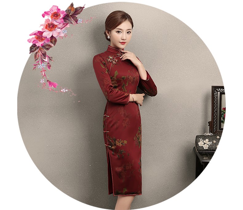 深紅色印花旗袍，復(fù)古中國(guó)風(fēng)旗袍裙
