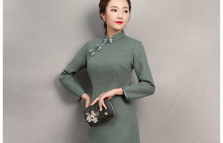 素凈灰綠色旗袍，復(fù)古中國(guó)風(fēng)旗袍裙