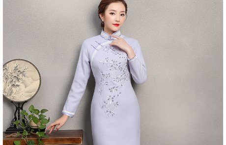 紫色繁花旗袍，復古刺繡旗袍裙