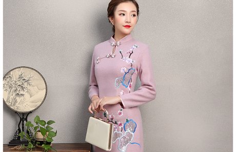粉紫色繡花旗袍，復古民族風旗袍裙