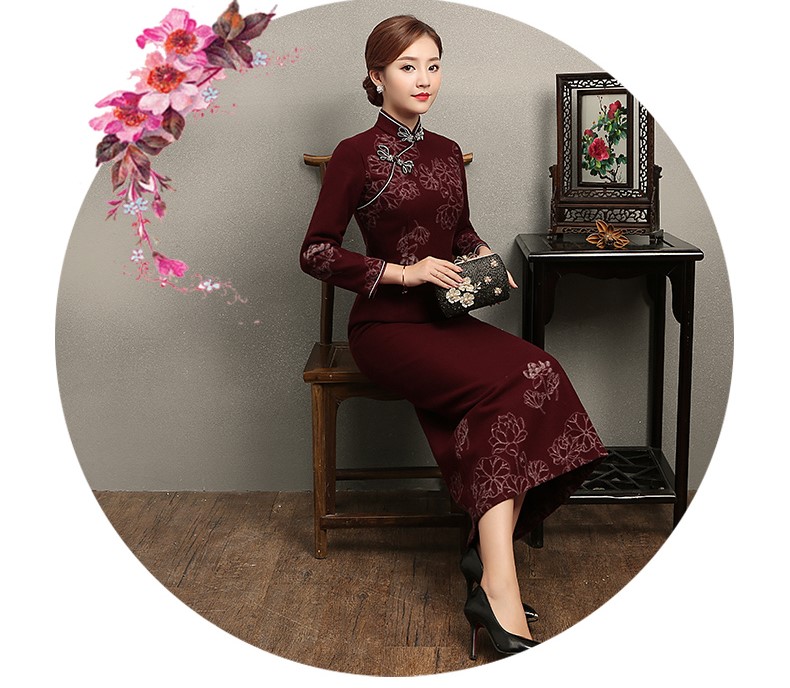 中國(guó)風(fēng)荷花刺繡旗袍，復(fù)古中式旗袍裙