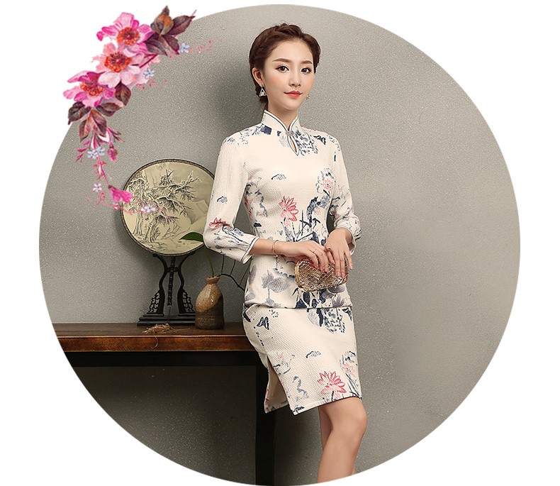 中國風水墨荷花印花旗袍，復古中式白色旗袍裙