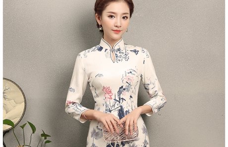 中國風水墨荷花印花旗袍，復古中式白色旗袍裙