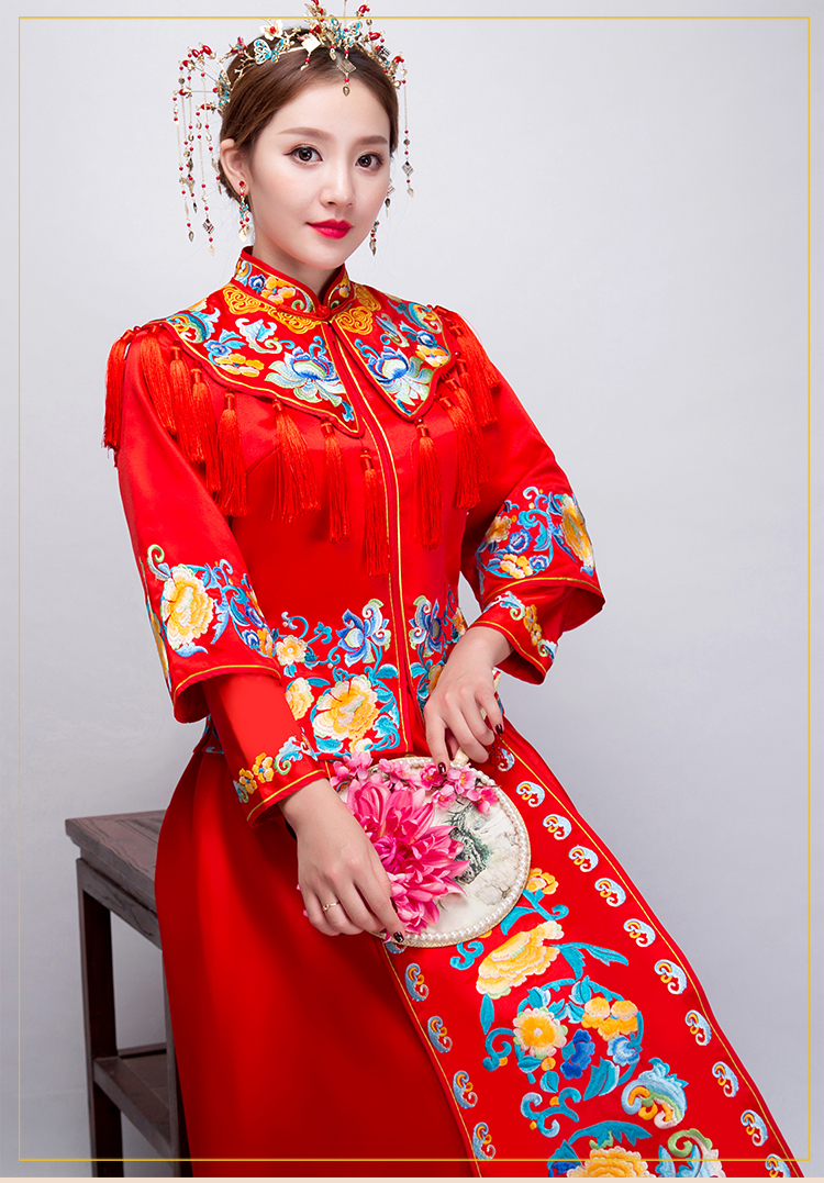 牡丹繡花流蘇新娘禮服，時尚氣質中式禮服