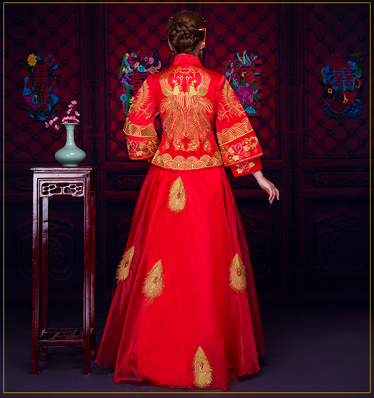 羽毛繡花蕾絲裙新娘禮服，時尚中式禮服