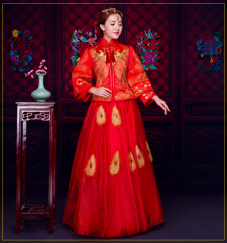 羽毛繡花蕾絲裙新娘禮服，時尚中式禮服