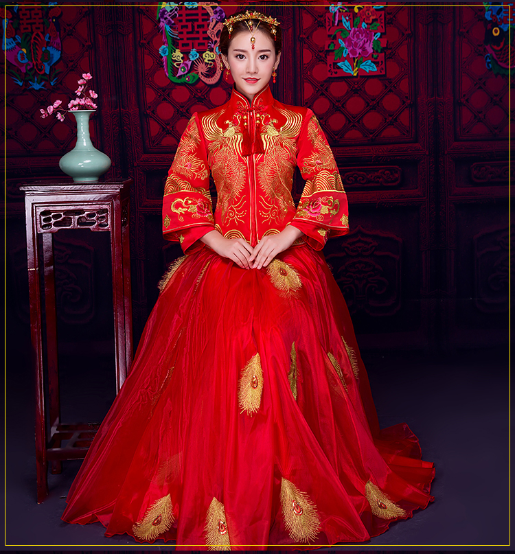 羽毛繡花蕾絲裙新娘禮服，時尚中式禮服