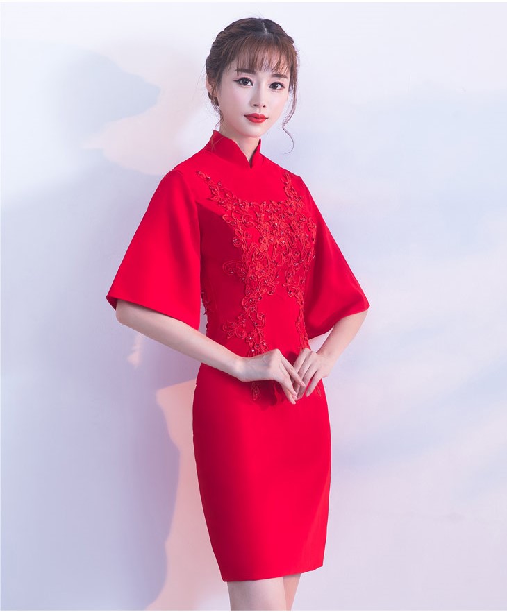 氣質(zhì)小禮服裙，短款紅色中式禮服
