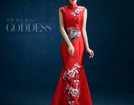 時尚復古禮服裙，迷人長款中式禮服