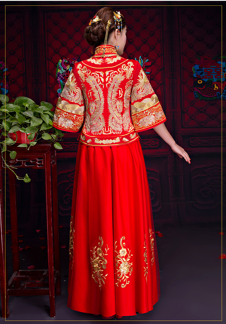 紅色中袖中式禮服，復古中國風新娘禮服