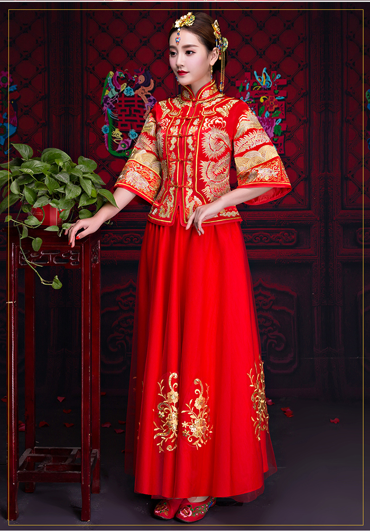 紅色中袖中式禮服，復古中國風新娘禮服
