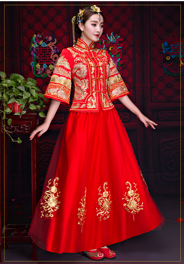 紅色中袖中式禮服，復古中國風新娘禮服