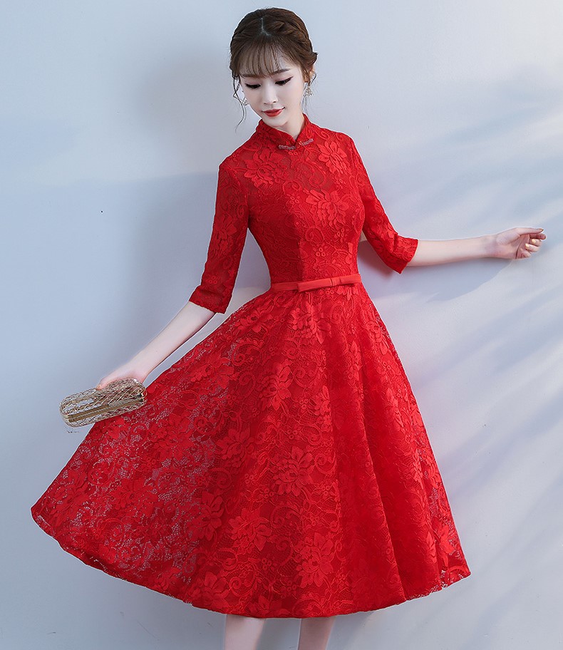 復古立領中式禮服，蕾絲中袖晚禮服