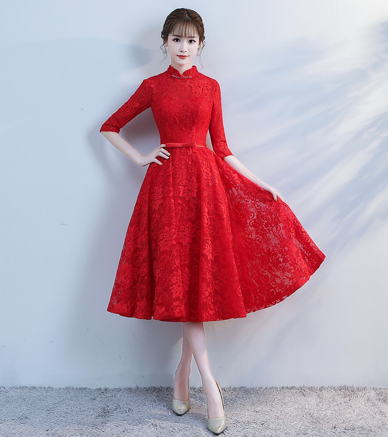 復古立領中式禮服，蕾絲中袖晚禮服
