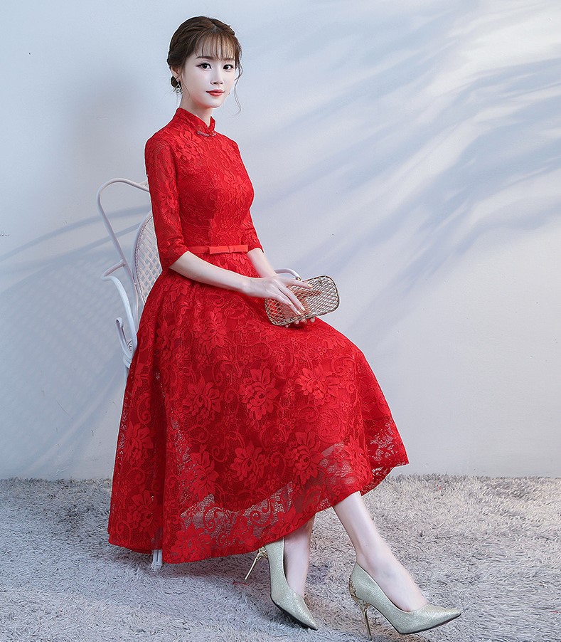 復古立領中式禮服，蕾絲中袖晚禮服