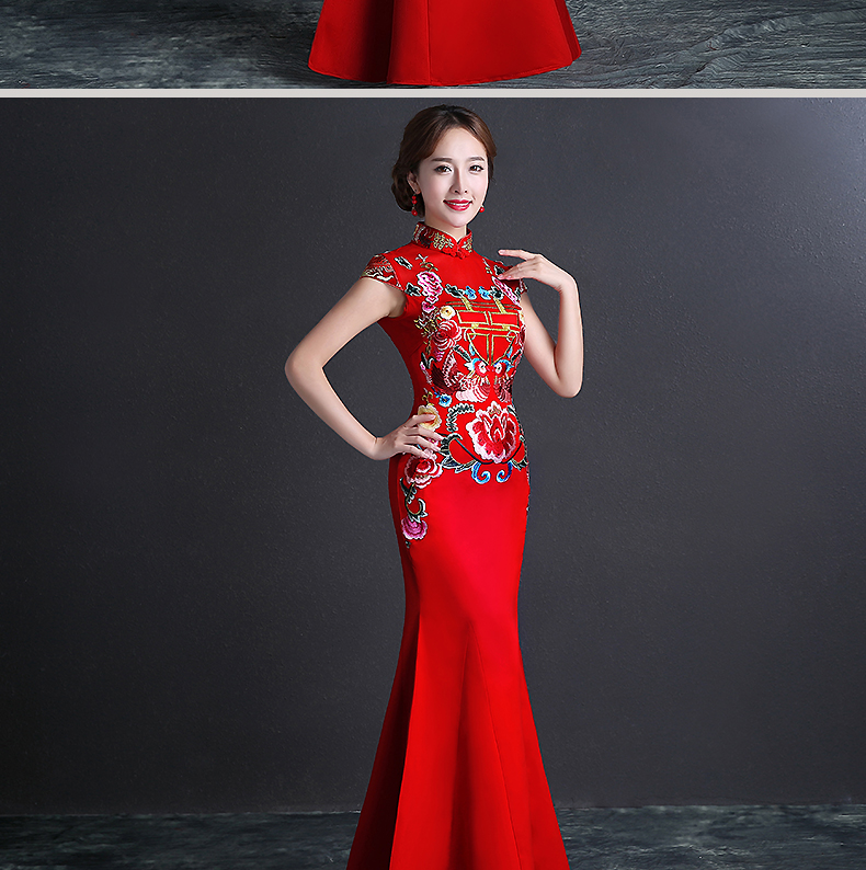 雙喜繡花中式禮服，魚尾修身晚禮服