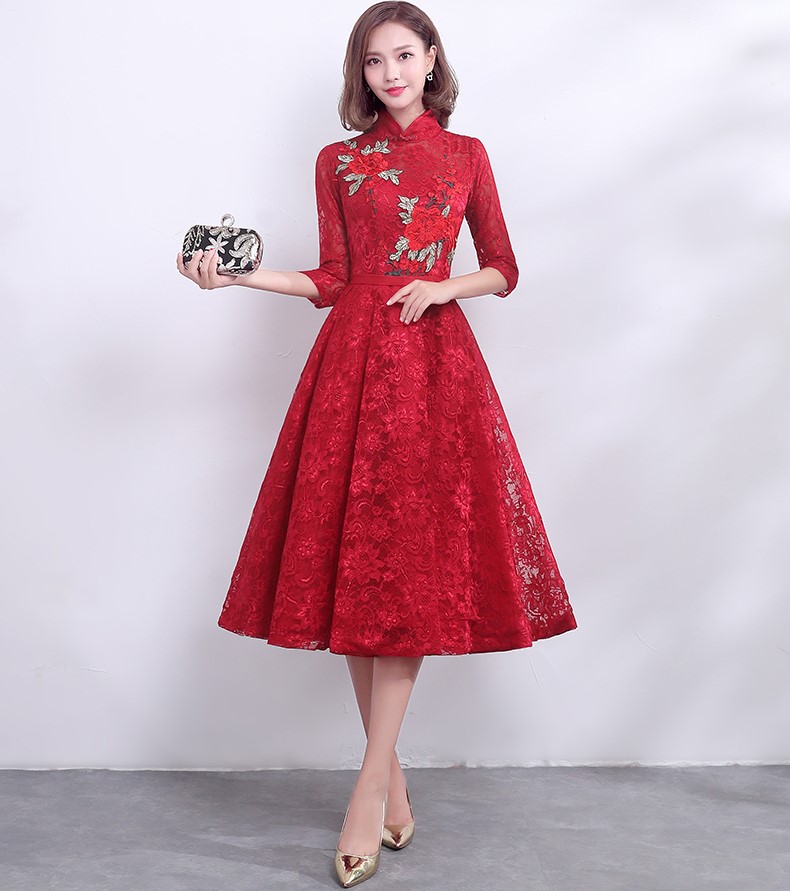 復古時尚中式禮服，中國風紅色七分袖晚禮服