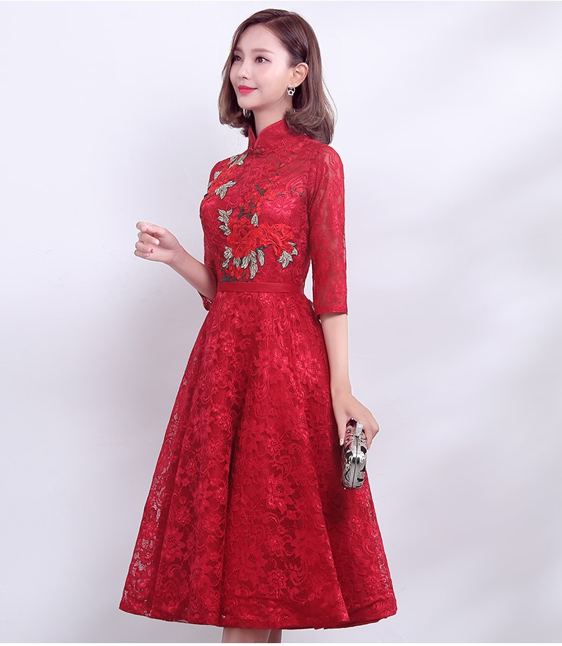 復古時尚中式禮服，中國風紅色七分袖晚禮服