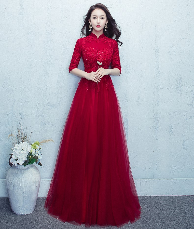 紅色蕾絲網紗裙中式禮服，優雅修身晚禮服