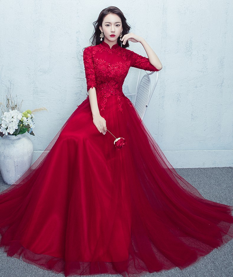 紅色蕾絲網紗裙中式禮服，優雅修身晚禮服