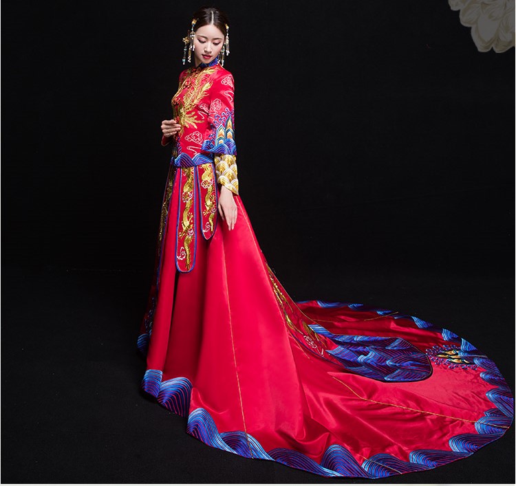 復古典雅中國風新娘禮服，奢華拖尾中式禮服