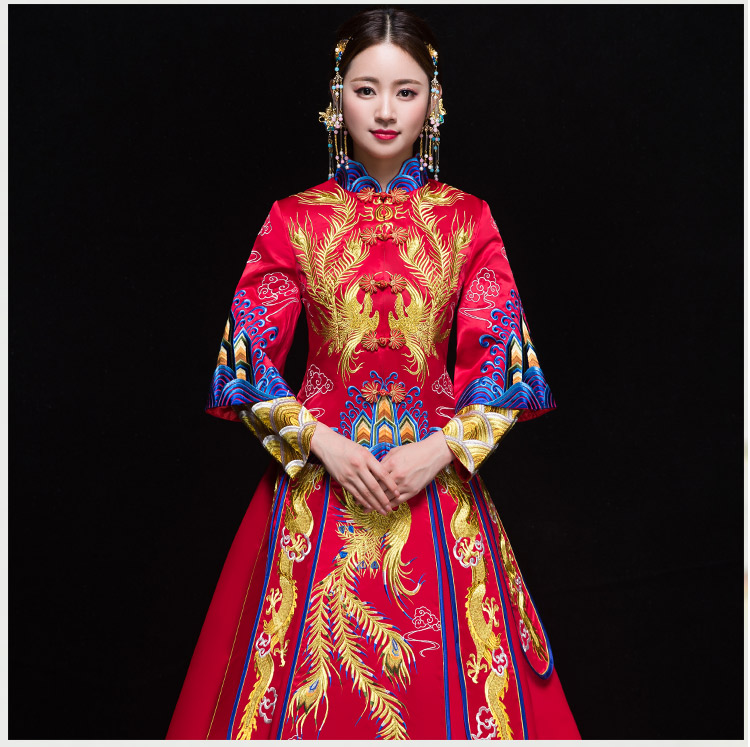 復古典雅中國風新娘禮服，奢華拖尾中式禮服