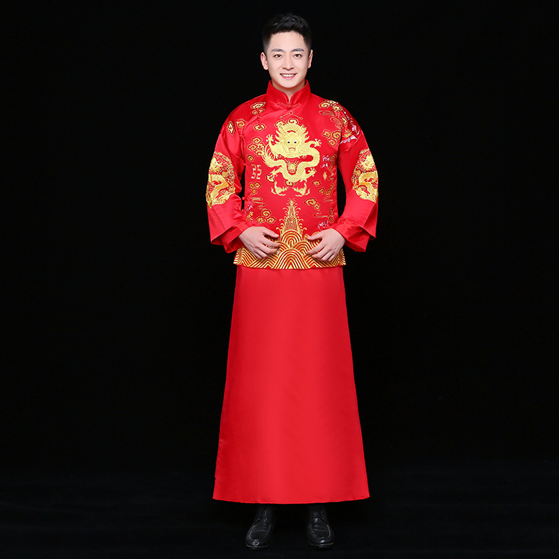 金龍刺繡男士中式禮服，時尚中國風新郎禮服