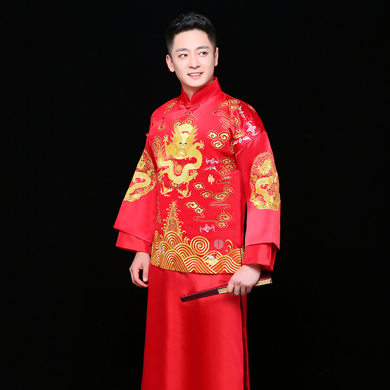金龍刺繡男士中式禮服，時尚中國風新郎禮服