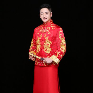 雙龍刺繡男士中式禮服，時尚中國風(fēng)新郎禮服
