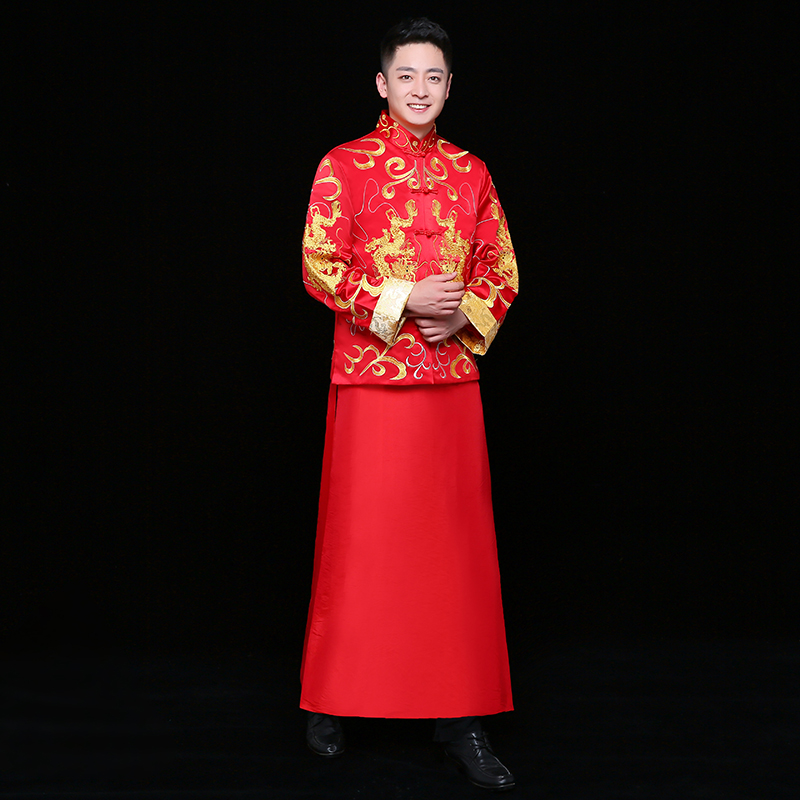 雙龍刺繡男士中式禮服，時尚中國風(fēng)新郎禮服