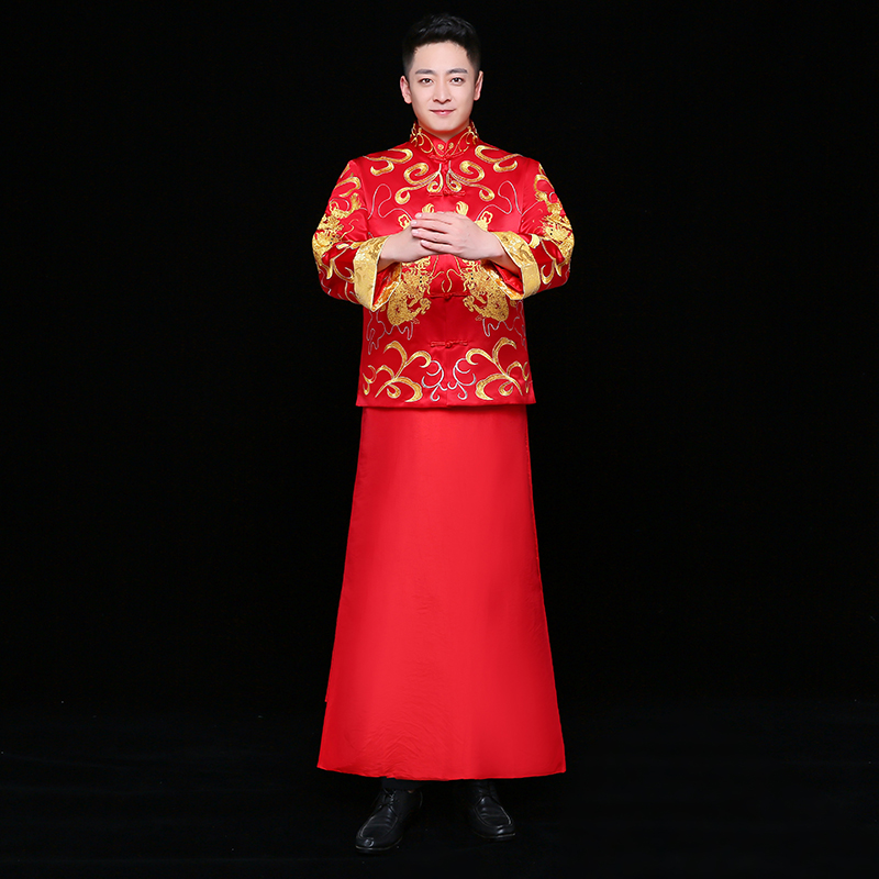 雙龍刺繡男士中式禮服，時尚中國風(fēng)新郎禮服