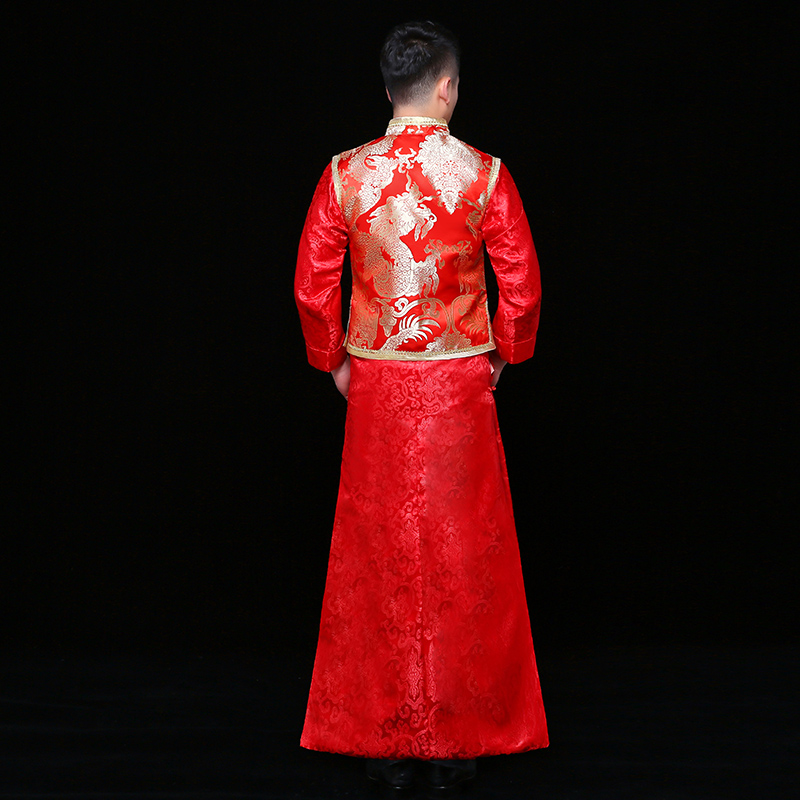 金龍刺繡馬褂男士中式禮服，時(shí)尚新郎禮服