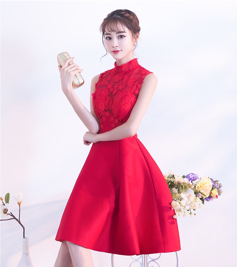 時尚無袖中式禮服，蕾絲繡花短款晚禮服