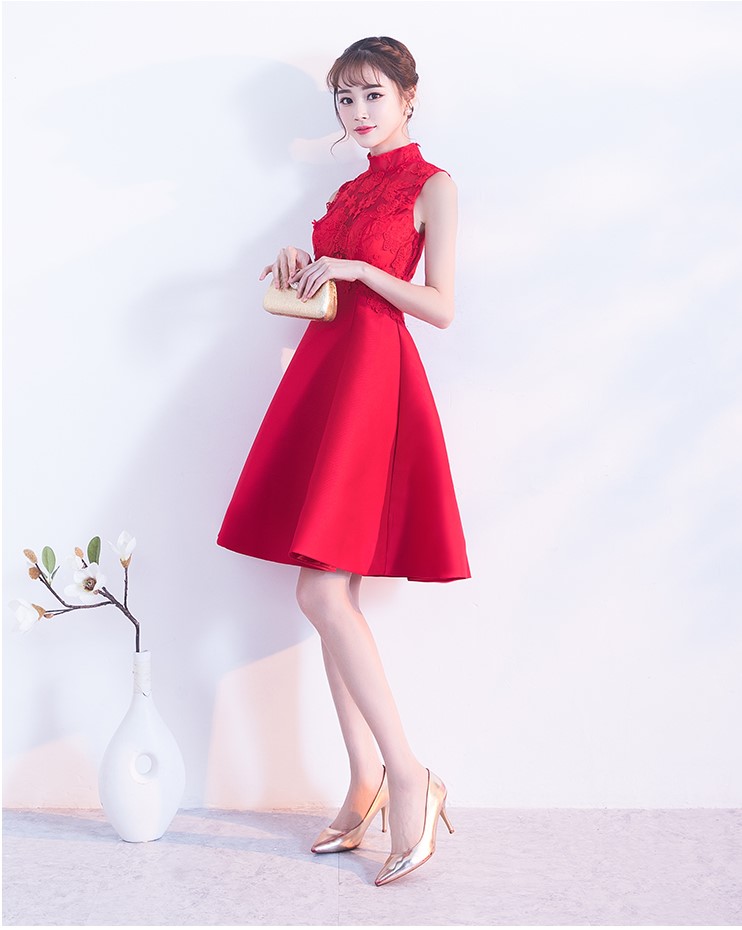 時尚無袖中式禮服，蕾絲繡花短款晚禮服