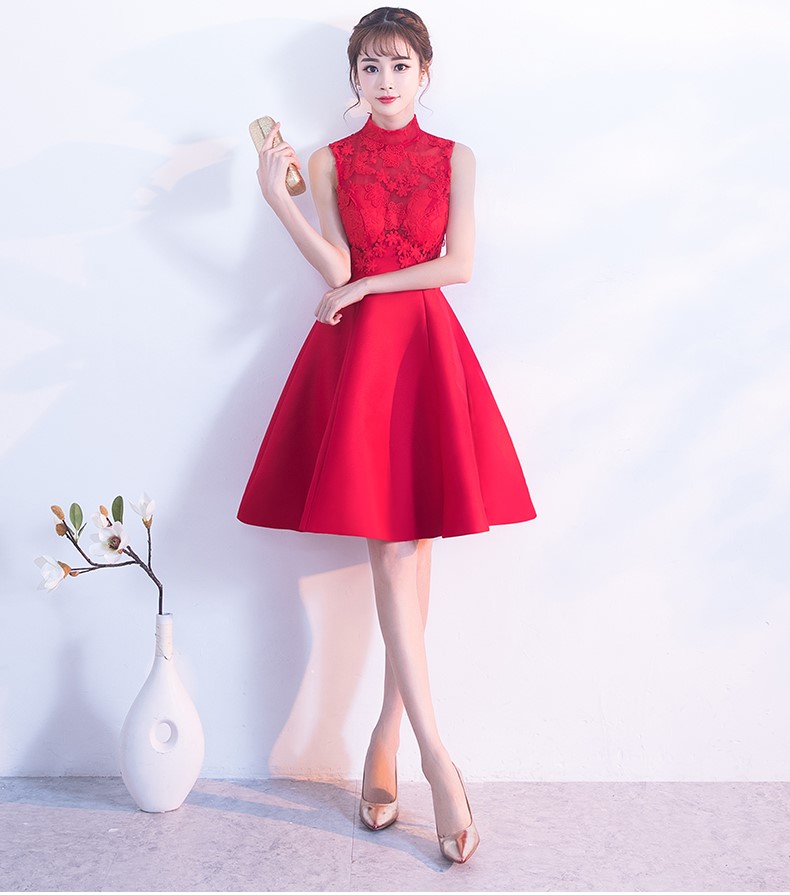 時尚無袖中式禮服，蕾絲繡花短款晚禮服