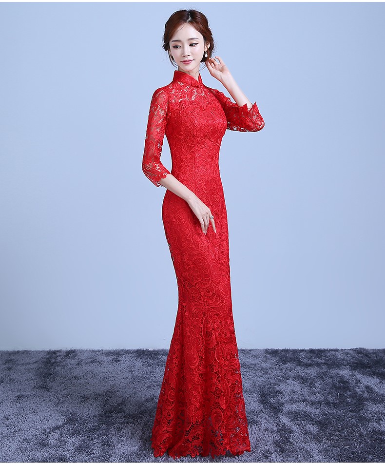 魚尾蕾絲裙擺中式禮服，復古氣質晚禮服