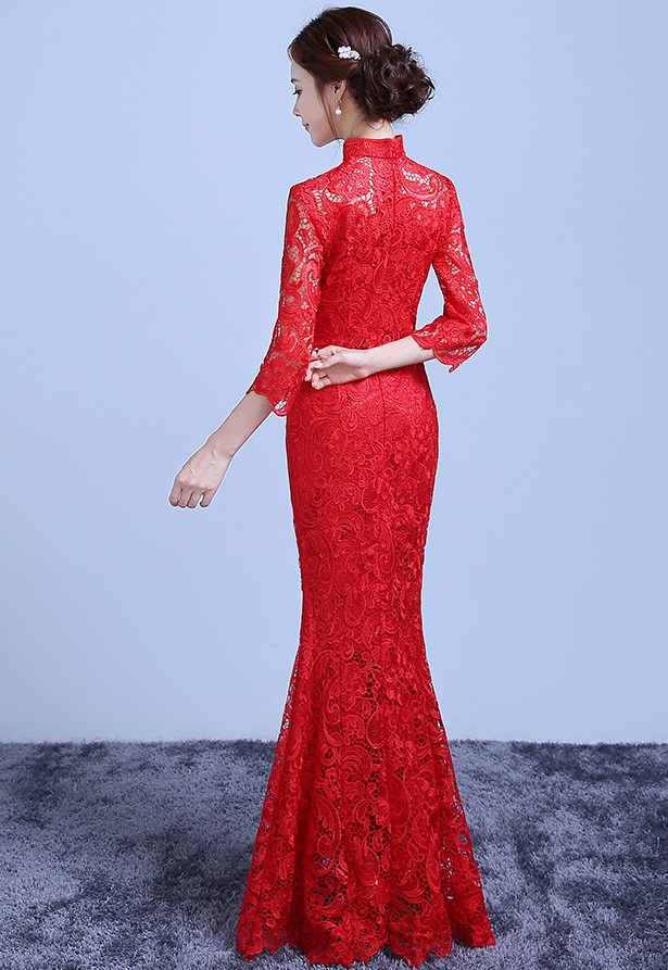 魚尾蕾絲裙擺中式禮服，復古氣質晚禮服