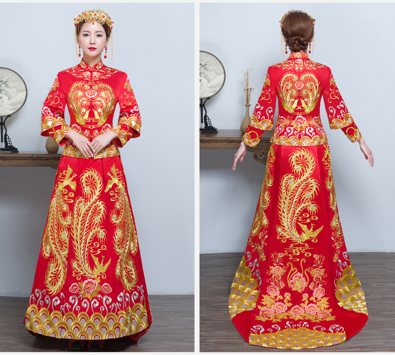 時尚中國風(fēng)拖尾中式禮服，金線刺繡新娘禮服
