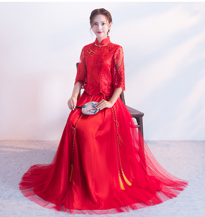 蕾絲繡花中式禮服，秀禾服紅色婚紗新娘禮服