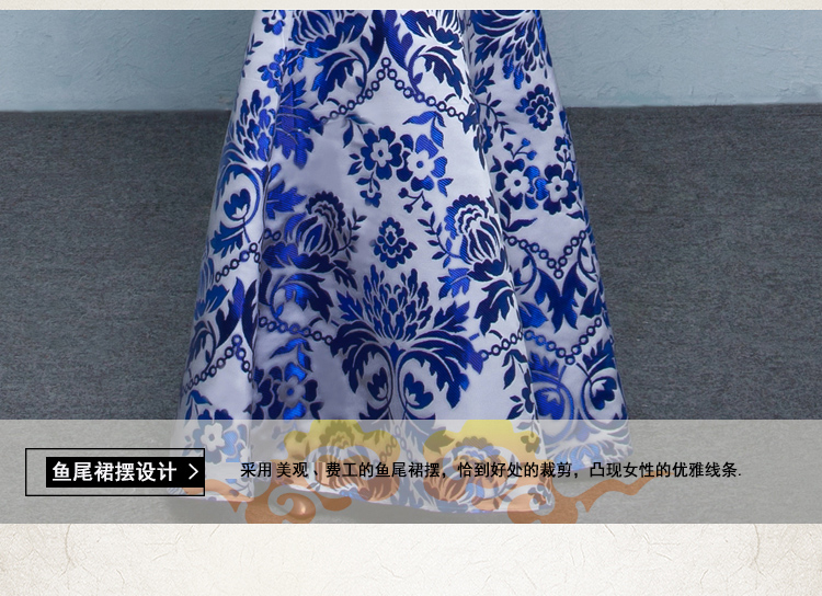 中式青花瓷旗袍禮服，時尚復古旗袍裙
