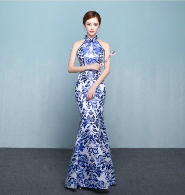 中式青花瓷旗袍禮服，時尚復古旗袍裙