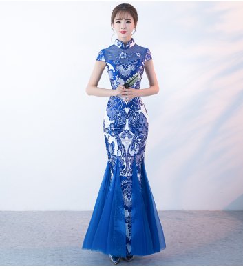 中國風青花瓷旗袍，復古優雅魚尾旗袍裙