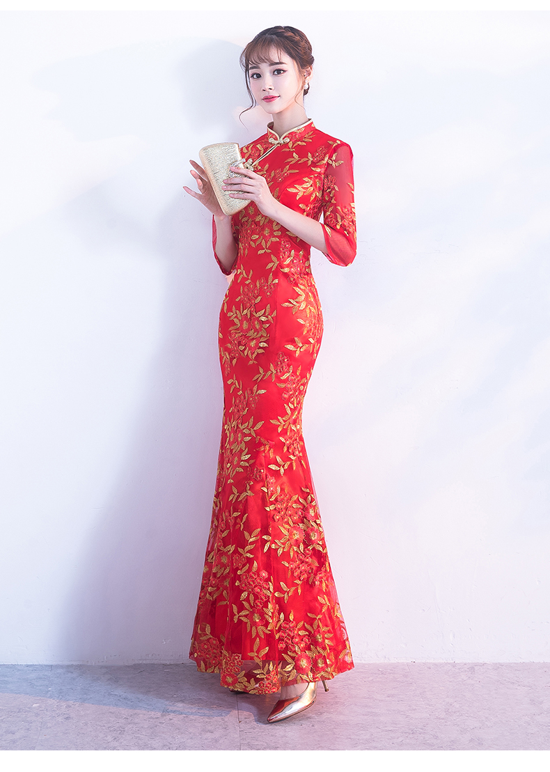 金絲葉子繡花旗袍，復古紅色旗袍裙