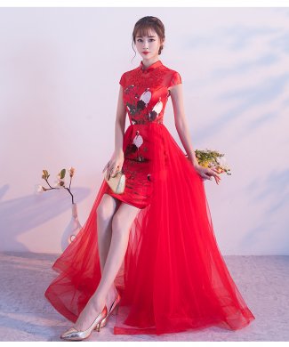 中國(guó)風(fēng)紅色蕾絲中式禮服，時(shí)尚古典仙鶴晚禮服