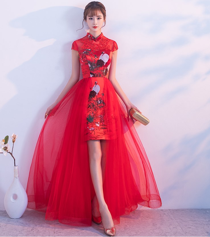 中國風紅色蕾絲中式禮服，時尚古典仙鶴晚禮服