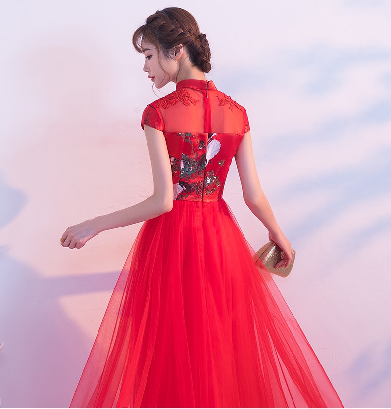 中國風紅色蕾絲中式禮服，時尚古典仙鶴晚禮服