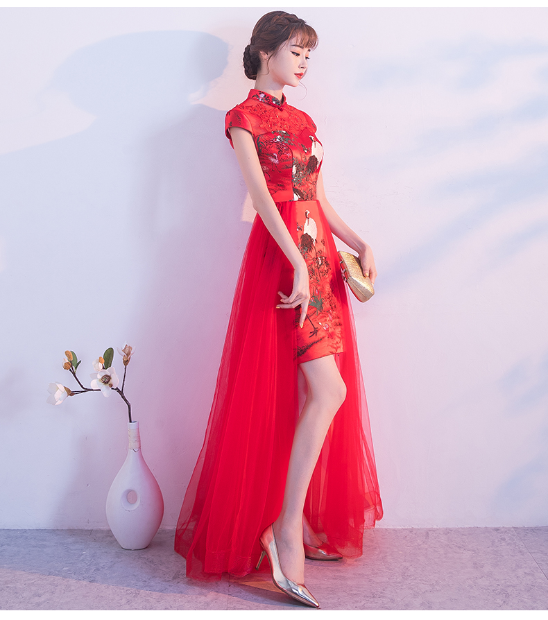 中國風紅色蕾絲中式禮服，時尚古典仙鶴晚禮服